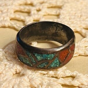 VTG Sterling Silver Southwestern Turquoise Mosaic Inlay Band Ring Sz 9.5